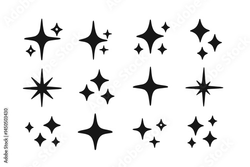 Flat vector illustration of various star shapes in black design elements for use in creative projects