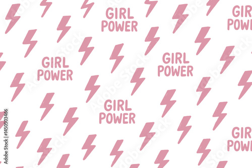 Flat vector illustration featuring girl power text and lightning bolts pattern in vibrant pink
