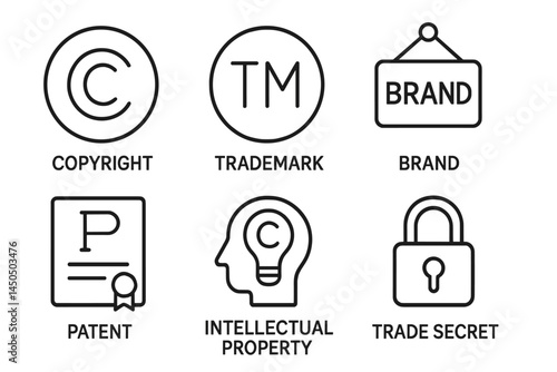 Flat vector illustration of copyright and intellectual property concepts with icons representing trademarks, patents, and trade secrets