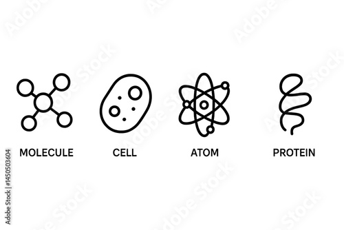 Illustration depicting molecular structures, cells, atoms, and proteins in a flat vector design for educational purposes
