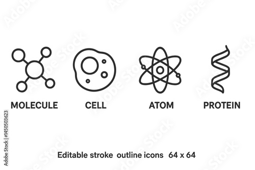 Flat vector illustration featuring basic scientific concepts of molecule, cell, atom, and protein for educational purposes