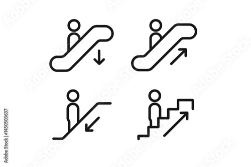 Vector illustration of people using escalators and stairs in various directions at a modern urban setting