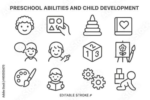 Illustration depicting preschool abilities and child development through various educational activities and playful learning