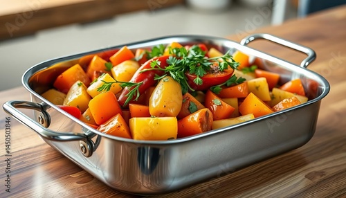Gleaming stainless steel roasting pan, filled with colorful vegetables and herbs, sits on a wooden countertop,  carrots,  wood