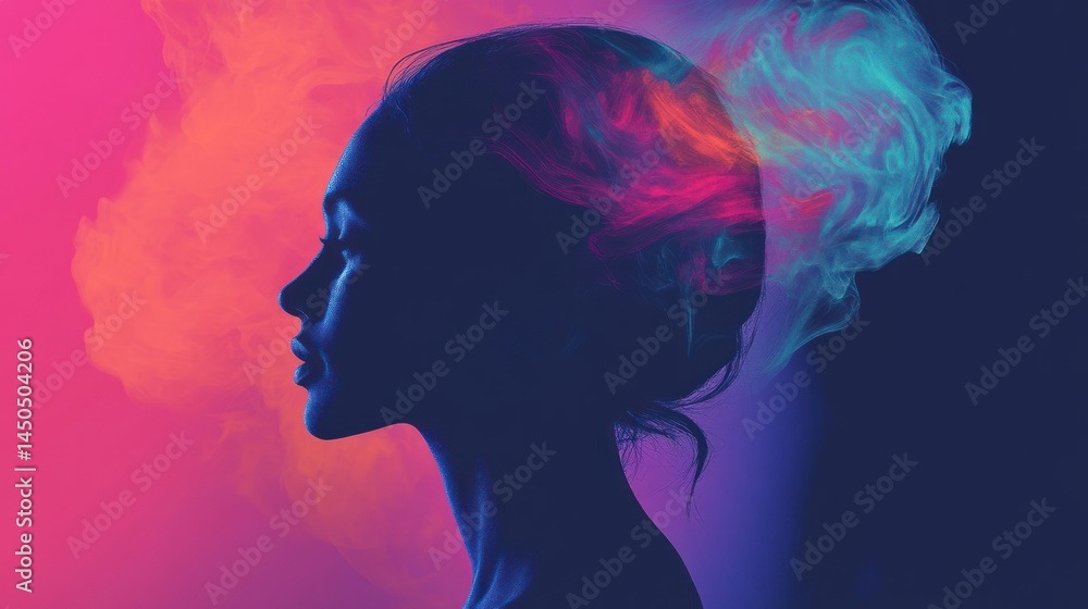 A vibrant profile view of a woman with colorful smoke surrounding her head. A vibrant profile view of a woman with colorful smoke surrounding her head.