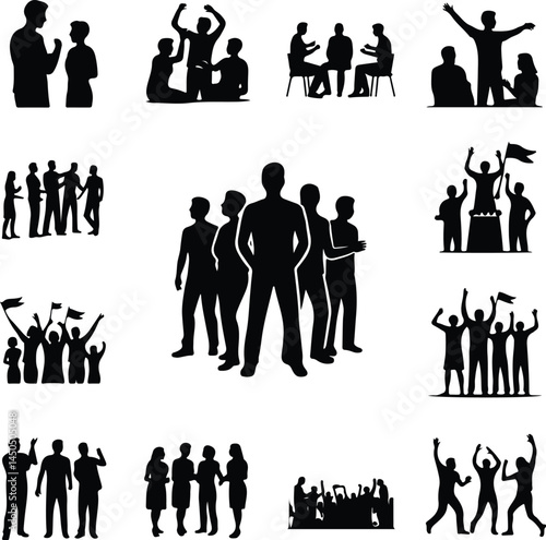 Group of People Silhouette Set | Crowd, Team, Meeting Vector Collection People Gathering Silhouettes | Group, Society, Unity Icon Pack