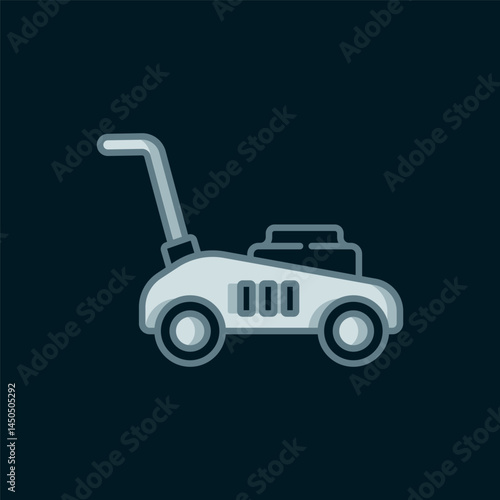Line Lawn mower icon isolated on black background. Lawn mower cutting grass. Flat filled outline style with shadow. Vector