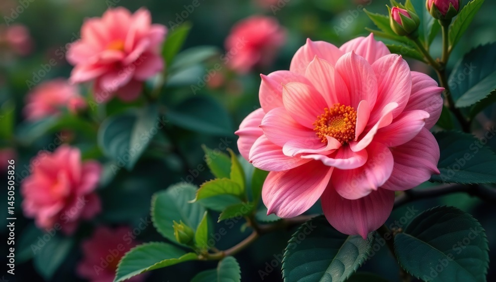 Overlapping petals, multifaceted blooms, dense foliage, design, floral, repeating Overlapping petals, multifaceted blooms, dense foliage, design, floral, repeating