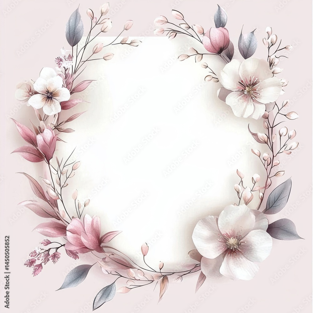 Fototapeta premium Watercolor Pink and White Floral Wreath