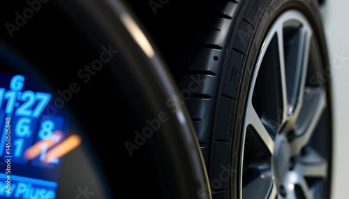 Sleek smart tire monitor with clear digital display beside tire,  auto parts,  car accessory