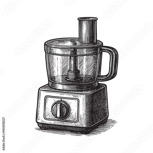 Food processor woodcut engraving vector illustration