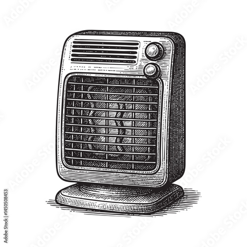 Space heater woodcut engraving vector illustration