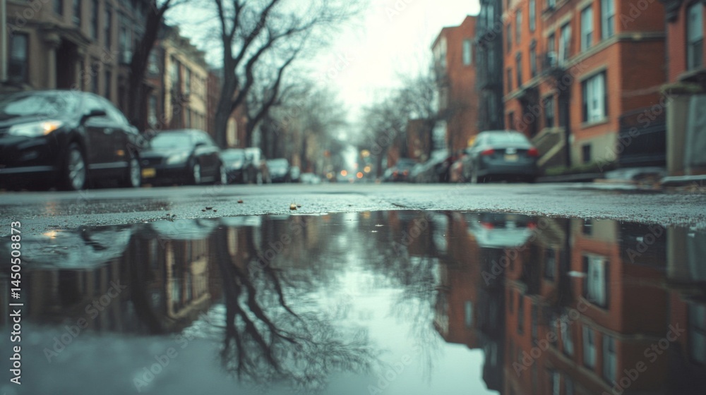 Fototapeta premium City Street Reflection In Puddle After Rain
