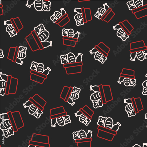 Line Paper shopping bag and food icon isolated seamless pattern on black background. Food store, supermarket. Vector