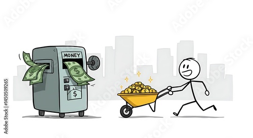 Money Machine and Stick Figure with Wheelbarrow