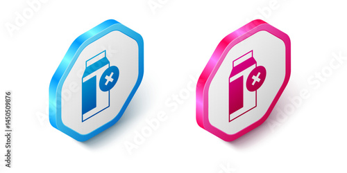 Isometric Lactose intolerance icon isolated on white background. Not allow milk. Allergy concept, lactose intolerance allergy warning sign. Hexagon button. Vector