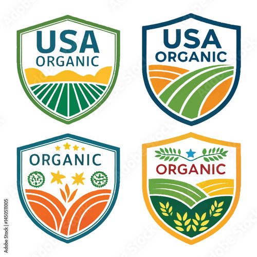 Collection of Organic Badges and Labels Organic Food Products and USA Agriculture gmo vector icon