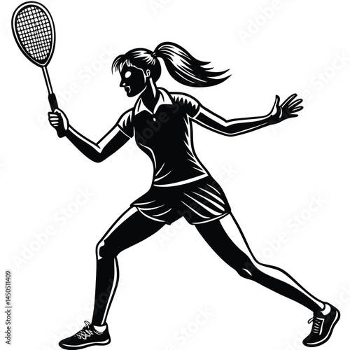 Badminton Player in Action: Silhouette of a determined badminton player in action. She's poised to strike the shuttlecock with a racket. The image captures the athleticism, dynamism.