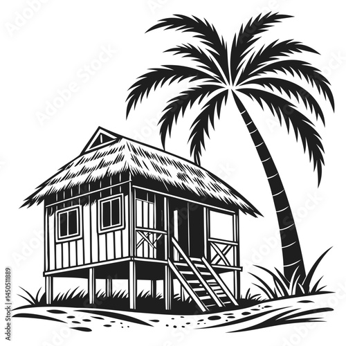 Illustration of tropical beach hut with palm tree vector image for travel and vacation designs projects and art isolated on transparent background