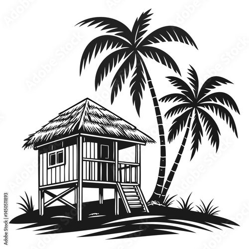 Tropical island hut with palm trees vector illustration for travel and vacation themed designs and graphics isolated on transparent background