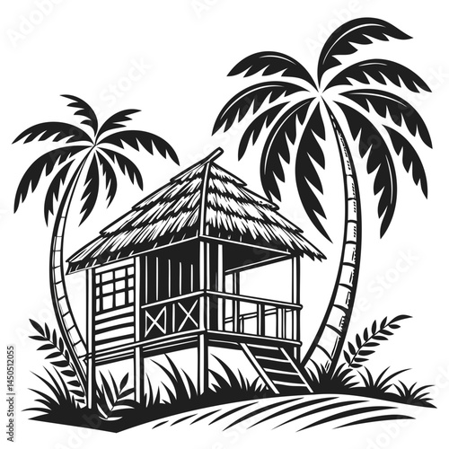 Tropical beach hut with palm trees vector illustration for summer vacation and travel designs isolated on transparent background