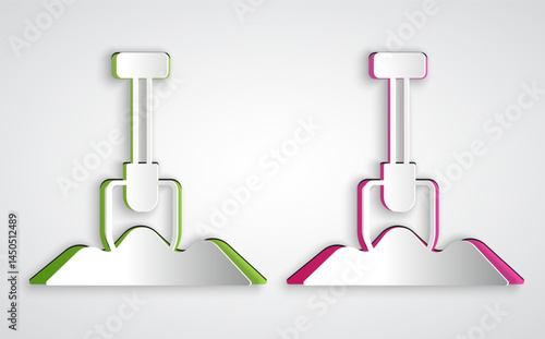 Paper cut Shovel icon isolated on grey background. Gardening tool. Tool for horticulture, agriculture, farming. Paper art style. Vector