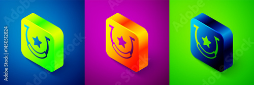 Isometric Horseshoe icon isolated on blue, purple and green background. Square button. Vector
