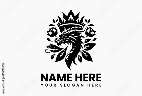 Serpentine dragon coiled around a floral crown, enchanted vector logo for fantasy novels and herbal apothecaries