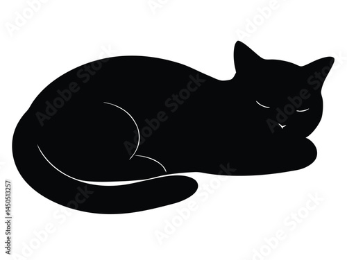 Cat silhouette posing lying down, sleeping, lazy. Stylized silhouette of a resting cat curled up with a serene expression.