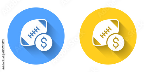 White American football betting money icon isolated with long shadow background. Football bet bookmaker. Soccer betting online make money. Circle button. Vector