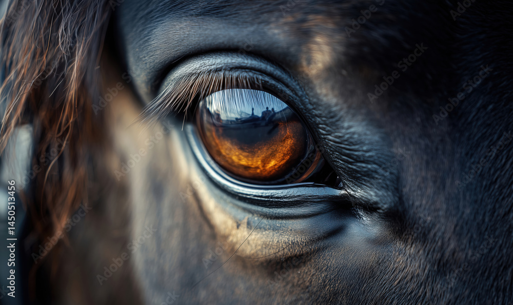 Close-up of horse eye reflecting landscape and details in warm tones. Close-up of horse eye reflecting landscape and details in warm tones.