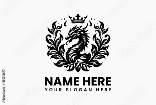 Ornate dragon-shaped crown intertwined with roses, royal vector emblem for luxury brands and gaming clans 