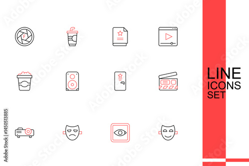 Set line Comedy theatrical mask, Rating movie, Drama, Movie, film, media projector, clapper, Backstage, Stereo speaker and Popcorn cardboard box icon. Vector