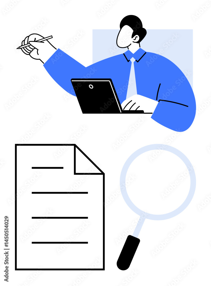 Businessman using laptop and pen, document sheet below, and magnifying glass for detailed analysis. Ideal for research, analysis, office work, productivity, decision-making, professional detail flat Businessman using laptop and pen, document sheet below, and magnifying glass for detailed analysis. Ideal for research, analysis, office work, productivity, decision-making, professional detail flat