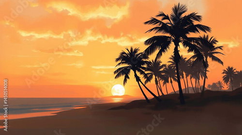 Digital painting using loose painterly strokes depicting silhouetted palm trees on a paradise beach sunset in natural earth tones. Dreamy atmosphere with complementary epic colors, misty textures, and