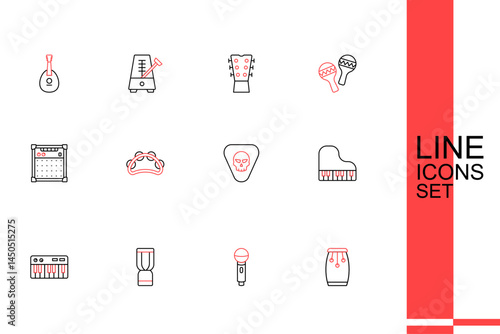 Set line Conga drums, Microphone, African djembe, Music synthesizer, Grand piano, Guitar pick, Tambourine and amplifier icon. Vector