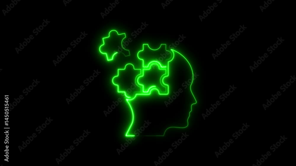 Animated green neon head silhouette with puzzle pieces symbolic of creative thought Animated green neon head silhouette with puzzle pieces symbolic of creative thought