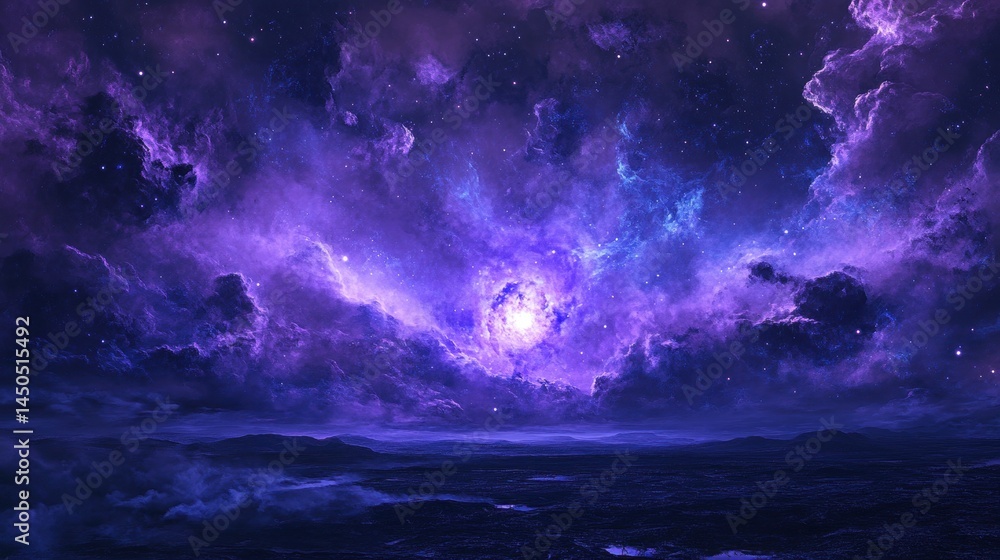 Vast, purple cosmos, starry night sky, and tranquil landscape. Vast, purple cosmos, starry night sky, and tranquil landscape.