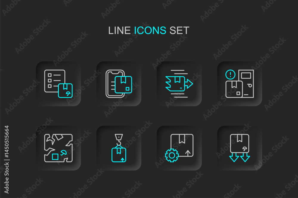 Set line Cardboard box with traffic symbol, Gear package, Crane cardboard, Broken, Home delivery services, Carton, Document tracking marker and Verification of list icon. Vector Set line Cardboard box with traffic symbol, Gear package, Crane cardboard, Broken, Home delivery services, Carton, Document tracking marker and Verification of list icon. Vector