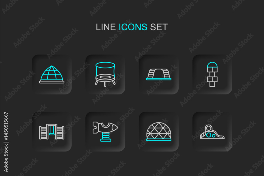 Set line Slide playground, Playground climbing equipment, Swing plane, Swedish wall, Hopscotch, Monkey bar, Jumping trampoline and icon. Vector Set line Slide playground, Playground climbing equipment, Swing plane, Swedish wall, Hopscotch, Monkey bar, Jumping trampoline and icon. Vector