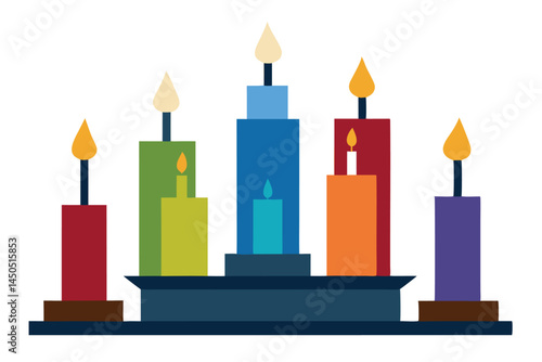 Abstract image of colorful candles sitting on a pedestal with flickering flames
