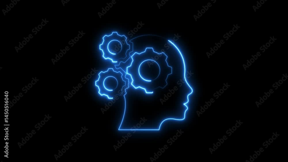 Glowing neon outline of a brain with rotating gears representing thought process Glowing neon outline of a brain with rotating gears representing thought process