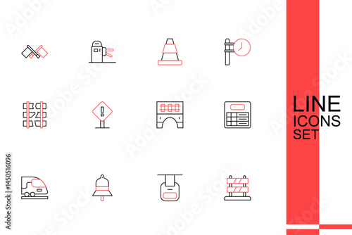 Set line End of railway tracks, Cable car, Train station bell, High-speed train, board, Bridge for, Exclamation mark square and Broken cracked icon. Vector