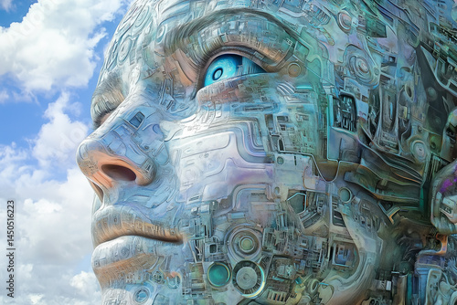 A close-up portrait of a face merging with cybernetic circuits against a sky background, representing artificial intelligence, future tech, and human-machine evolution.