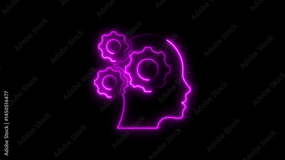 Glowing neon purple outline of brain gears and human head on a black background Glowing neon purple outline of brain gears and human head on a black background