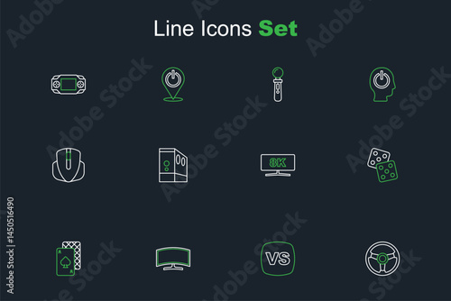 Set line Racing simulator, VS Versus battle, Computer monitor, Playing cards, Game dice, Case of computer and mouse icon. Vector