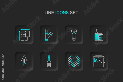 Set line Paint bucket, Parquet, Screwdriver, Trowel, City landscape, Adjustable wrench, Industry metallic pipe and House plan icon. Vector