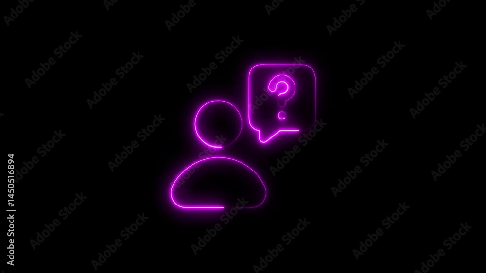 Glowing neon user icon with question mark in thought bubble on black background Glowing neon user icon with question mark in thought bubble on black background
