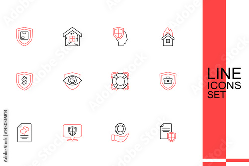 Set line Contract with shield, Lifebuoy in hand, Location, Marriage contract, Briefcase, Shield eye and dollar icon. Vector