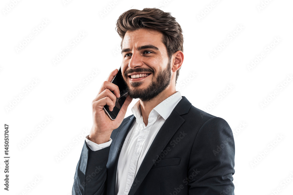 Smiling businessman having a phone conversation, appearing confident, professional, isolated on transparent background Smiling businessman having a phone conversation, appearing confident, professional, isolated on transparent background